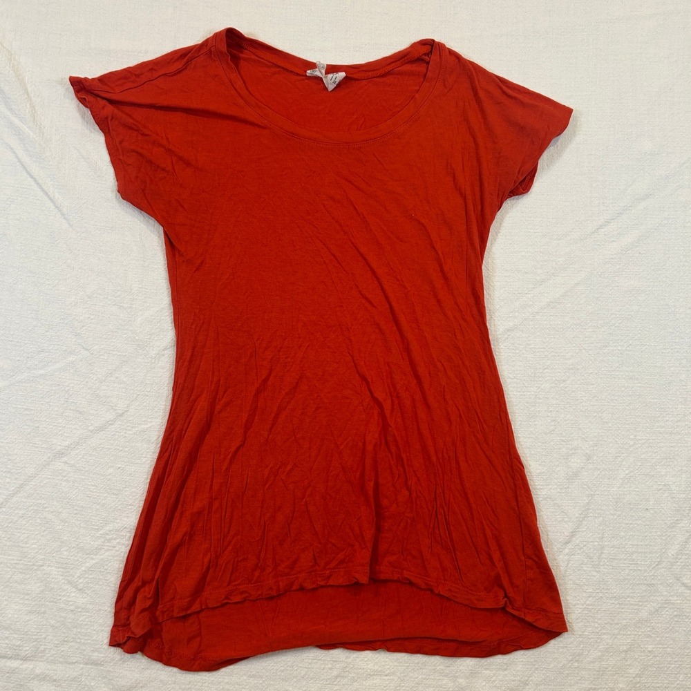 Gaiam Women Orange Red 100% Bamboo Short Sleeve Yoga Top Small‎ High Low Hem USA
